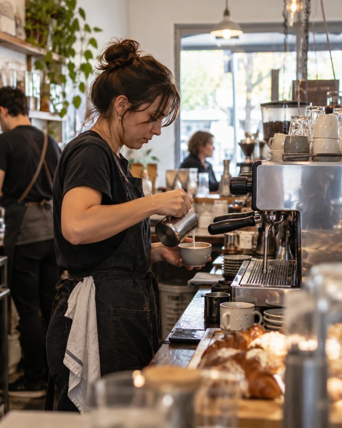 A barista pouring milk into a coffee at a busy café counter
