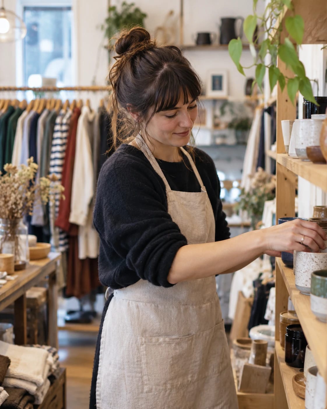 A shopkeeper arranging ceramic cups on the shelves of her store