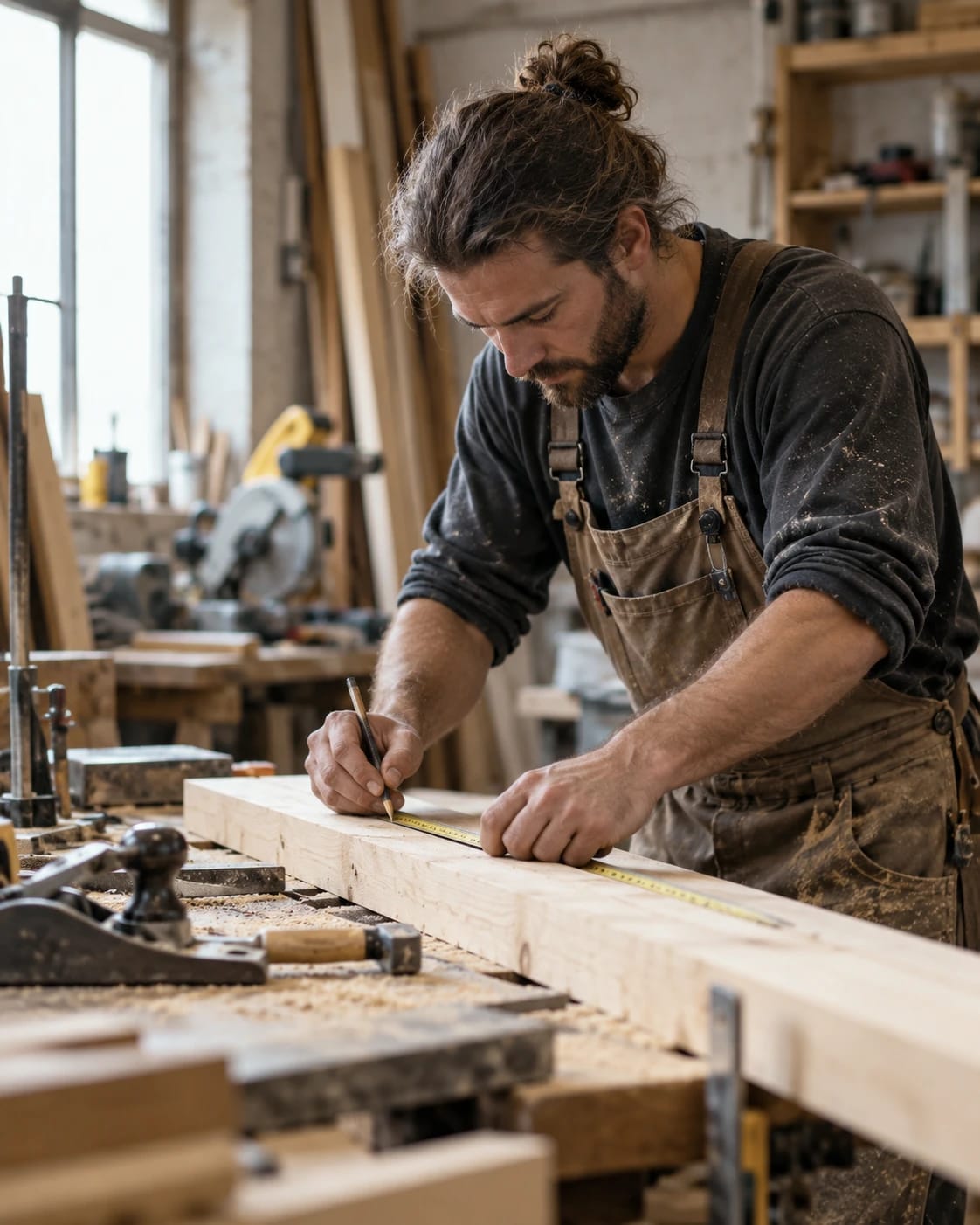 A carpenter measuring and marking timber at a workshop bench