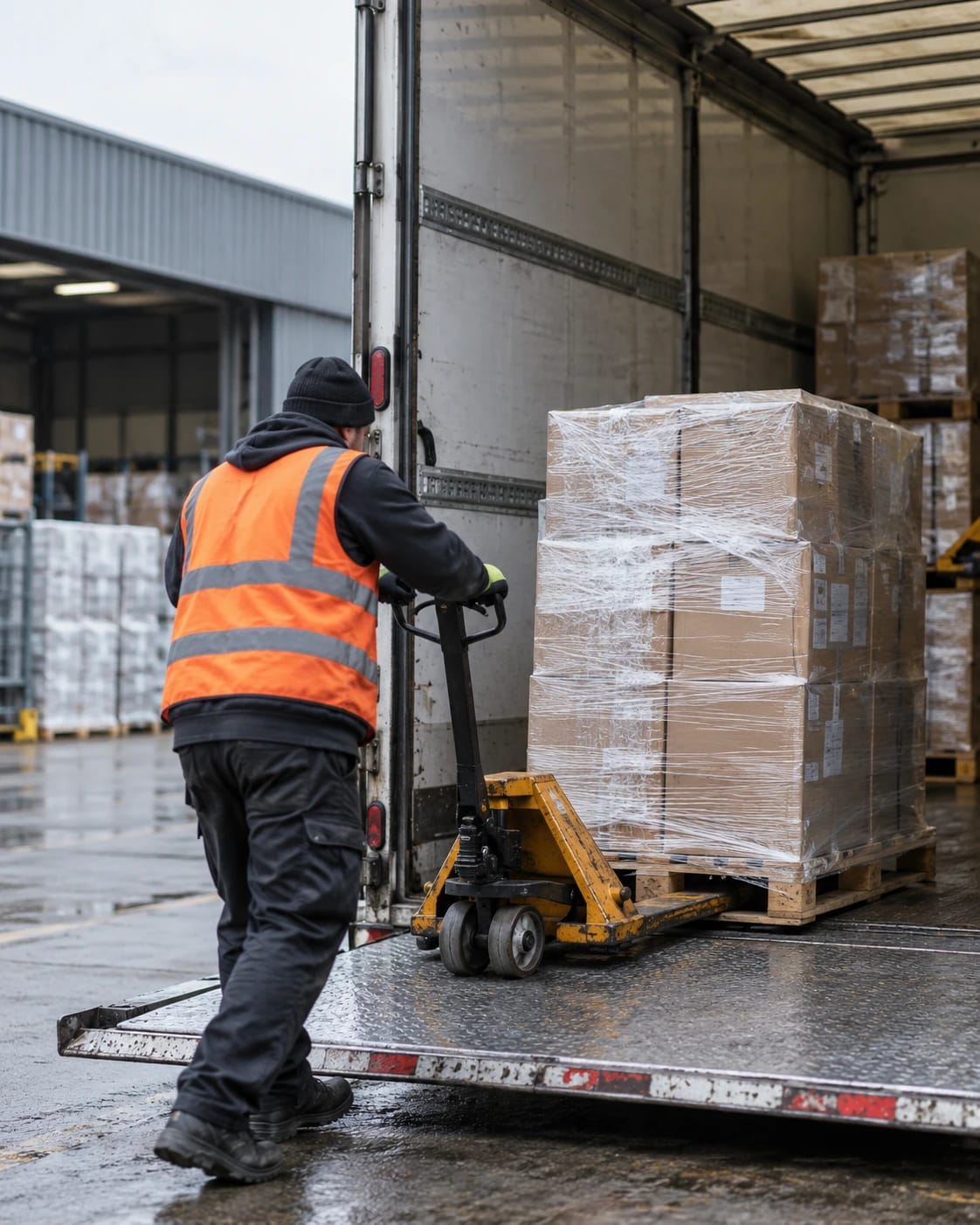 A worker in hi-vis wheeling a wrapped pallet onto a truck