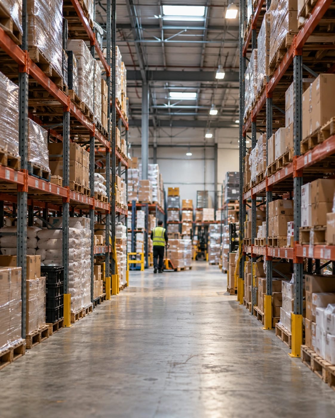 A warehouse aisle lined with pallet racking and boxed stock